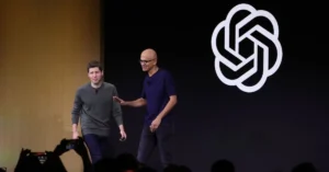 Microsoft CEO Satya Nadella (R) greets OpenAI CEO Sam Altman during the OpenAI DevDay event on November 06, 2023 in San Francisco, California.